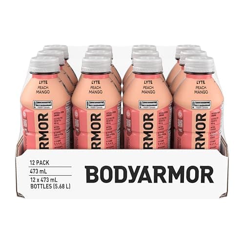 BODYARMOR Lyte Peach Mango, bouteilles de 473 ml (paquet de 12) – Boisson d'hydratation sportive faible en calories avec de l'eau de coco, des électrolytes riches en potassium et...