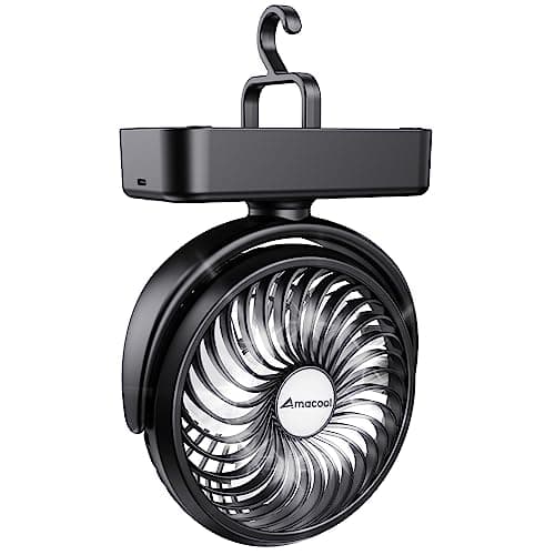 Ventilateur de camping portable avec lanterne LED - Temps de travail de 40 heures Ventilateur à piles rechargeable avec crochet de suspension pour tente, voiture, camping-car, ouragan d'urgence...