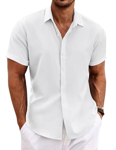 COOFANDY Men's Linen Shirts Short Sleeve Casual Shirts Button Down Shirt for Men Beach Summer Wedding Shirt, White-all White, Large