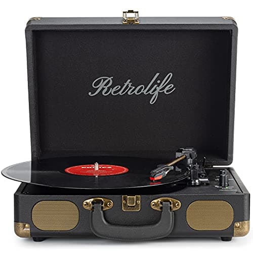 Tourne-disque vinyle Valise à 3 vitesses Tourne-disque portable à entraînement par courroie avec haut-parleurs intégrés Lecture sans fil Sortie ligne RCA Entrée AUX Prise casque...