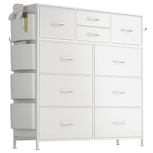 Lulive White Dresser for Bedroom with 10 Drawers, Chest of Drawers with Side Pockets and Hooks, PU Storage Dresser, Organizer Unit for Living Room,...