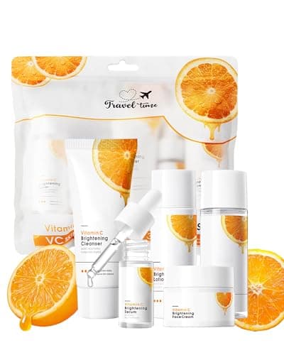 Ensemble de soins de la peau éclaircissants à la vitamine C, mini kit de voyage 5 en 1 avec lotion nettoyante, sérum, crème pour le visage, hydratant et hydratant, éclaircit la peau...