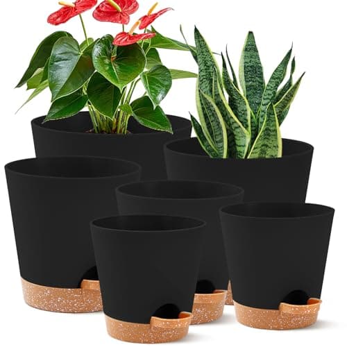 6 Pack Plant Pots Indoor 8/7/6.5/6/5.5/5 Inch Flower Pots Self Watering Planters for Indoor Plants with Drainage Hole Plastic Plant Pot for African...