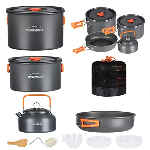 Overmont Batterie de cuisine de camping 16 pièces, kit de cuisine portable pour sac à dos, randonnée en plein air et pique-nique, casserole, bouilloire, bol, assiette