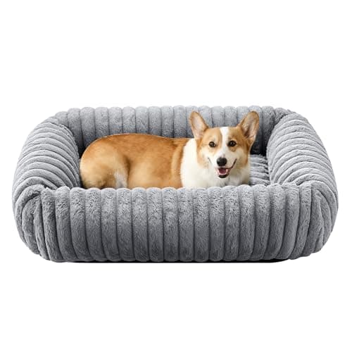 Lit pour chien pour chiens de taille moyenne, lits pour chiens lavables rectangulaires super doux, lit pour animal de compagnie en fourrure chauffant avec housse à fermeture éclair amovible, gris, 25 x 21 x 8 pouces, adapté...
