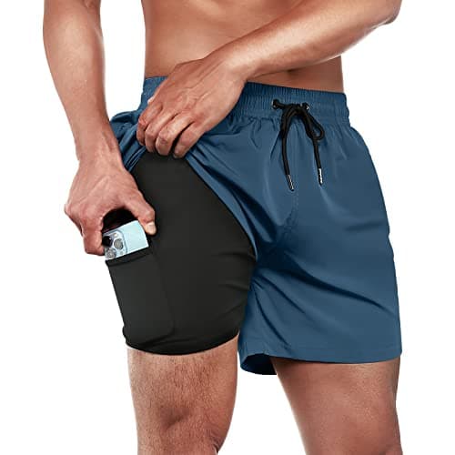 BRISIRA Short de bain pour homme à séchage rapide avec entrejambe de 12,7 cm et poche zippée avec doublure de compression