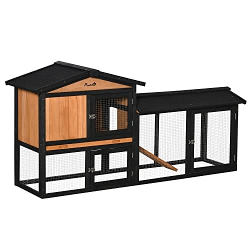 PawHut 69" Wooden Rabbit Hutch Pet Playpen Bunny House Enclosure with Run Box, Slide-Out Tray, Ramp, for Rabbits and Small Animals, Black