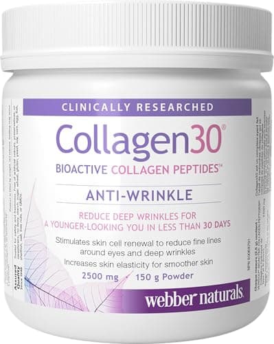 Poudre anti-rides Webber Naturals Collagen30, 2 500 mg de peptides de collagène bioactifs par portion, 150 grammes, aide à réduire les rides profondes, fines...