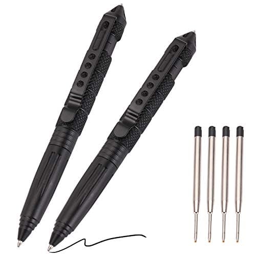 Lot de 2 stylos tactiques militaires, avec 6 recharges à bille noires pour écrire, en acier tungstène et aluminium (noir, lot de 2)