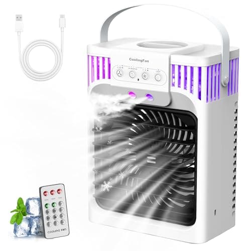 Climatiseur portable, ventilateur de refroidissement 4 en 1 avec 3 vitesses et 3 modes de brume, réservoir d'eau de 1 200 ml, minuterie 2 à 8 heures, télécommande, veilleuse 7 couleurs,...