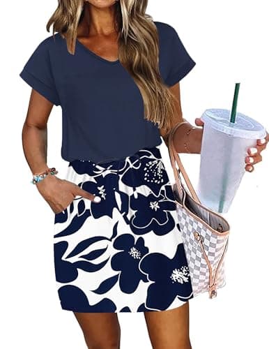 WNEEDU Robes d'été pour femmes tendance 2026, manches courtes, col en V, imprimé floral, robe de vacances avec poches (fleur blanche marine/marine, L)