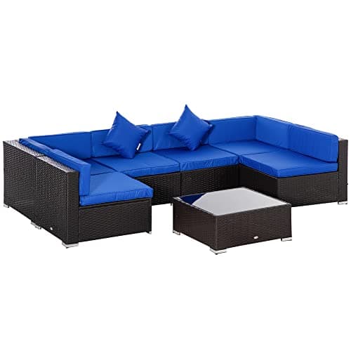 Ensemble de meubles de patio Outsunny 7 pièces, ensemble de conversation d'extérieur en rotin PE avec canapé sectionnel, plateau en verre, coussins et oreillers pour jardin,...