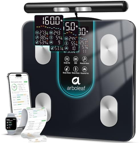 arboleaf Balance pour poids corporel et graisse, balance intelligente à 8 électrodes haute précision, grand écran LCD, 50 mesures corporelles, synchronisation Bluetooth, 400 lb