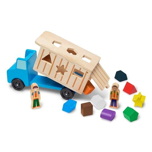 Jouet de camion à benne basculante en bois de tri de formes Melissa & Doug avec 9 formes colorées et 2 figurines de jeuJouets de véhicule en bois, jouets de trieur de formes pour les tout-petits...
