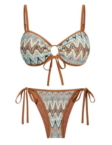 UMIPUBO Women's Bikini Sets Colorblock Stripes String Bikini Set Cheeky High Cut 2 Pcs Swimsuit Boho Side Tie Bathing Suits(Brownish Blue,L)