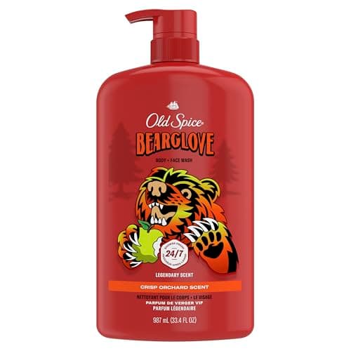 Gel douche nettoyant pour le corps Old Spice pour hommes, nettoyage sous la douche 24h/24 et 7j/7 avec un parfum durable, nettoyant 2 en 1 pour le visage et le corps, mousse riche, Bearglove, Crisp Orchard...