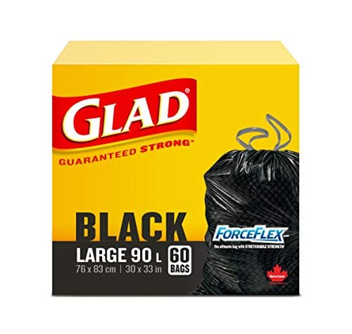 Glad Black Garbage Bags - Large 90 Litres - ForceFlex Drawstring, 60 Trash Bags, Made in Canada of Global Components
