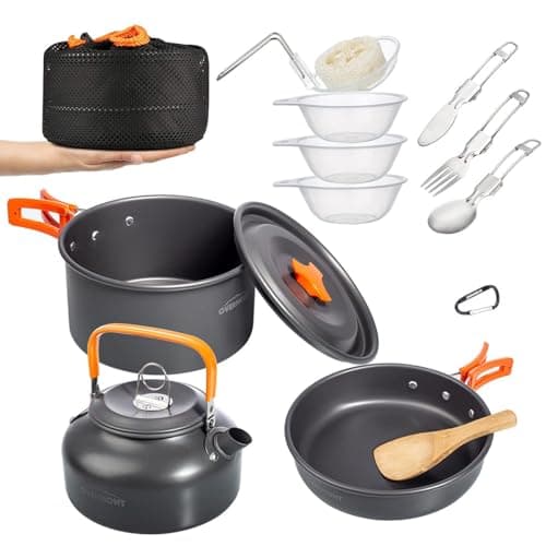 OVERMONT Ensemble de 14 ustensiles de cuisine de camping en plein air, casseroles et poêles portables en aluminium pour camping, randonnée et pique-nique pour 1 à 3 personnes