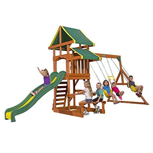 Backyard Discovery Tucson All Cedar Swing Set, Covered Upper Deck and Snack Bench Playhouse, Two Belt Swings, Trapeze Bar, 8 Ft Super Speedy Slide...