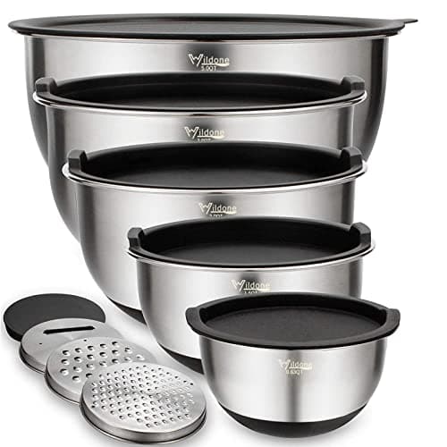 Wildone Mixing Bowls with Airtight Lids Set, 5PCS Stainless Steel Nesting Bowls for Kitchen, with Grater Attachments & Non-Slip Bottoms, Size 5, 3,...