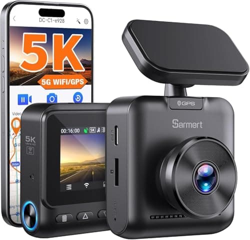 Caméra de tableau de bord 5K, caméra de tableau de bord Sarmert GPS intégré 5G WiFi, 5K 4K UHD avec APP, caméra de tableau de bord à écran IPS 2" avec super vision nocturne, boucle...