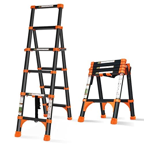 Échelle télescopique RIKADE, échelle télescopique en aluminium à cadre en A avec rétraction à 1 bouton, échelle à extension portable pliable légère et réglable...