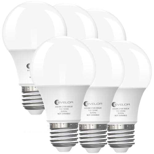 Evelor Lot de 6 ampoules LED A19, équivalent 60 watts, blanc doux 2700 K avec culot E26, efficace 9 W, 800 lumens LED blanc chaud non dimmable...
