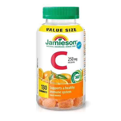 Jamieson Vitamin C 250 mg Gummies Natural Tangy Orange Flavour, Supports Immune Health, Strong Teeth and Bones. Family Friendly (3+), Vegetarian,...
