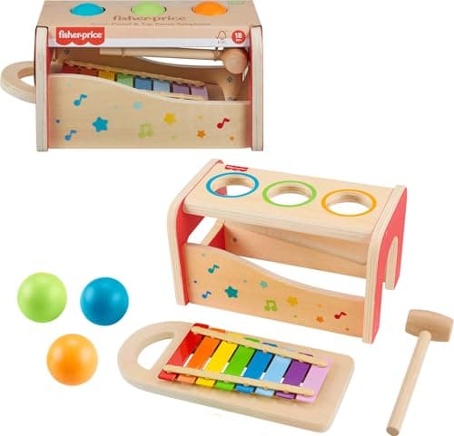 Fisher-Price Jouet en bois pour tout-petits avec banc de frappe et xylophone, 6 pièces, activité musicale en bois pour enfants d'âge préscolaire à partir de 18 mois