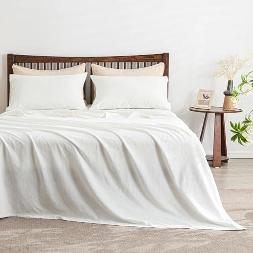 Simple&Opulence French Linen Sheet Set Queen Size, 4 Pieces(1 Flat Sheet, 1 Fitted Sheet&2 Pillowcases) Natural Flax Cotton Blend Bedsheets Soft...