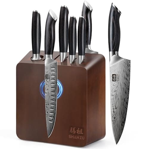 SHAN ZU Kitchen Knife Set with Double Sided Magnetic Knife Block, 7PCS Knife Block Set in Powder Steel Ultra Sharp Japanese Knife Set with...