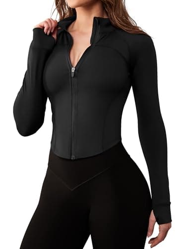 AVGO Workout Jacket for Women Zip Up Cropped Running Jackets Athletic Yoga Gym Tops with Thumb Holes (Black, S)