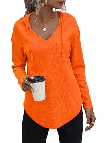 RIROW 2025 Hoodies for Women Pullover Long Sleeve Waffle Womens Tops V Neck Sweatshirt Pocket Neon Orange 2X