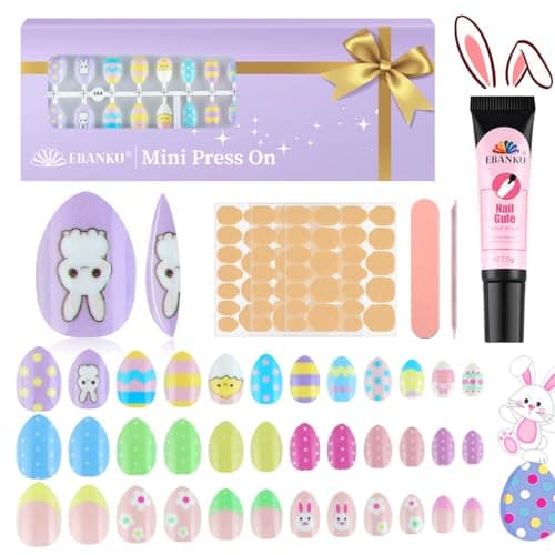 EBANKU 72 pièces presse à ongles de Pâques pour enfants, paquet de 3 kits de faux ongles pour enfants lapin couverture complète faux ongles courts avec colle à ongles outils à ongles pour fille...