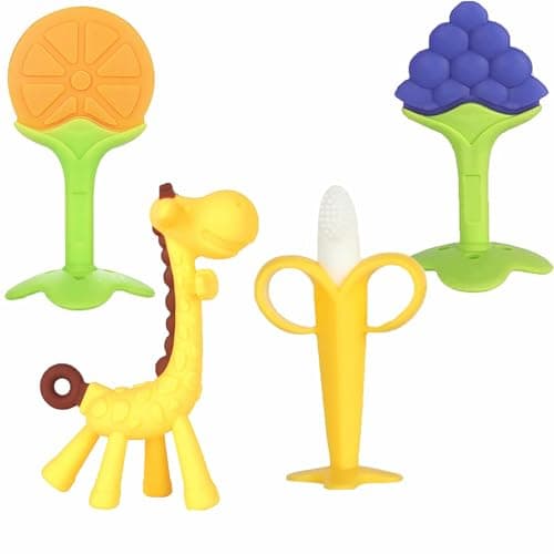 Jouets de dentition Chuya (paquet de 4) jouet de dentition pour bébé, apprendre le brossage des dents, sans BPA, jouet à mâcher pour nourrissons tout-petits anneaux de dentition en silicone pour bébé girafe...