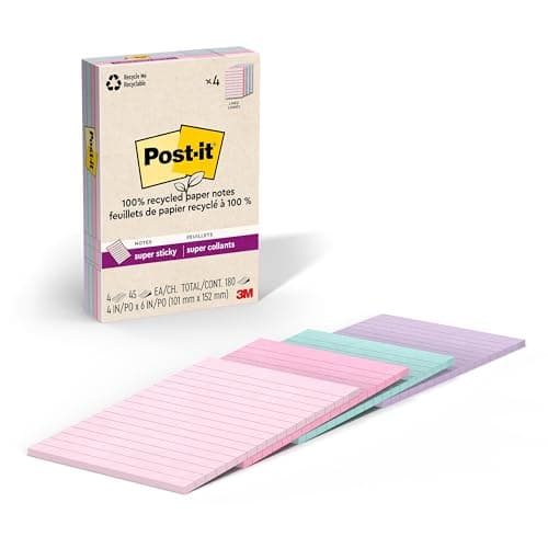 Post-it 100% Recycled Paper Super Sticky Notes, 2X The Sticking Power, 4x6 in, Lined, 4 Pads/Pack, 45 Sheets/Pad, Wander