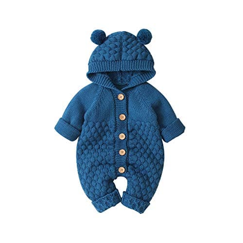 DovFanny Newborn Baby Winter Outfit Knitted Sweater Romper Infant Boy Girl Long Sleeve Hooded Jumpsuit Clothes Denim Blue（3-6M
