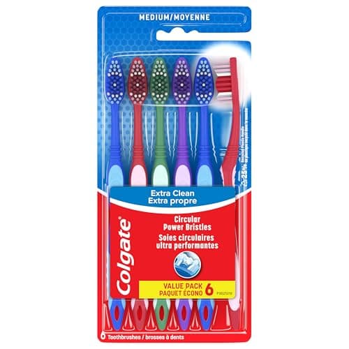 Colgate Extra Clean Manual Toothbrush - Medium Bristle Tooth Brush for Adults with Circular Power Bristles for Stain Removal and Tongue Cleaner -...