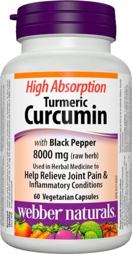Curcumine de curcuma Webber Naturals avec poivre noir, formule à haute absorption pour le soutien des articulations et de l'inflammation, supplément antioxydant, 60 capsules,...