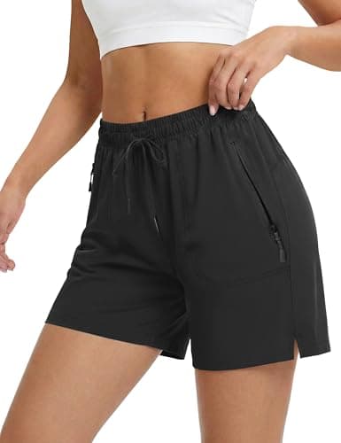MAGCOMSEN Black Shorts for Women 5" Hiking Drawstring Quick Dry Summer Lightweight Casual Spandex Shorts Golf Cycling L