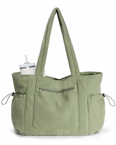 ECOHUB Sac fourre-tout pour femme, sacs fourre-tout de travail avec compartiment pour ordinateur portable, grand sac fourre-tout en velours côtelé avec porte-gobelet Stanley, sac à main à bandoulière pour voyage...