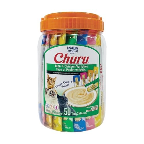 Gâteries pour chats INABA Churu, friandises/garnitures pour chats en purée crémeuse sans céréales, à lécher et à presser avec vitamine E et taurine, 0,5 once par tube, 50 tubes,...