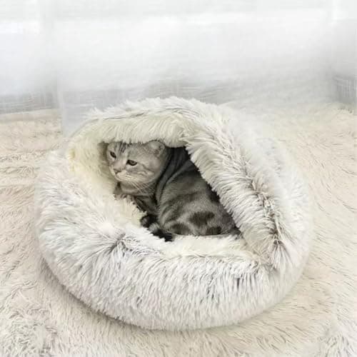 Lit pour chat rond et moelleux à capuche pour chat, lit grotte anti-anxiété avec couverture à capuche, lit confortable pour chiot de luxe, fond antidérapant et...