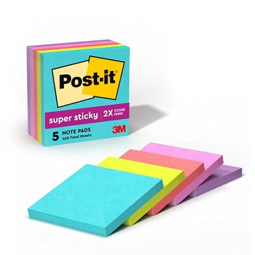 Post-it Super Sticky Notes, 5 Sticky Note Pads, 3 x 3 in., School Supplies, Office Products, Sticky Notes for Vertical S