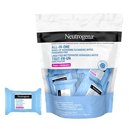Neutrogena Lingettes nettoyantes démaquillantes tout-en-un, élimination imperméable du mascara, sans parfum, paquet de voyage, 20 unités