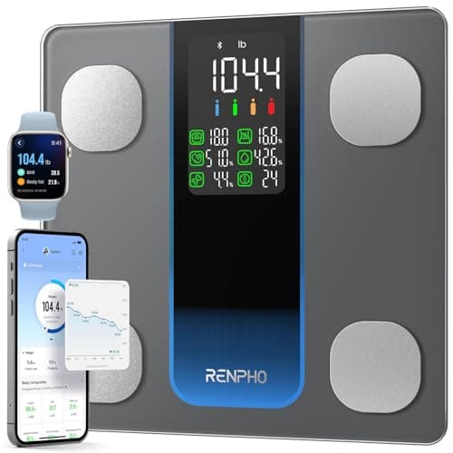 Balance intelligente RENPHO pour poids corporel, très grande capacité de 500 lb, pourcentage de graisse corporelle avec affichage 7 en 1, échelle IMC de haute précision, masse musculaire, 13...