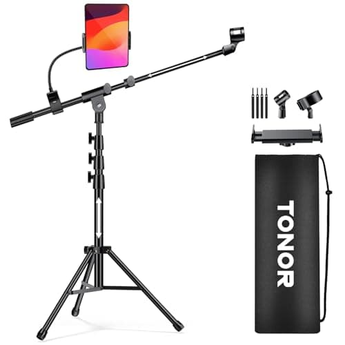 TONOR Mic Stand, Microphone Stand with Tablet Holder, Tripod Boom Arm for Floor, Adjustable Height and Angle, Heavy Duty DJ Stand with Carrying...