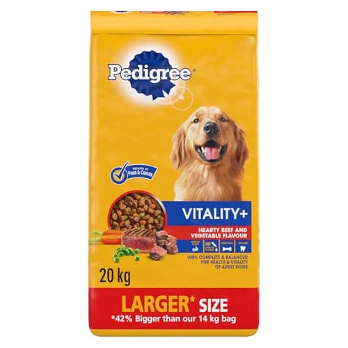 PEDIGREE Vitality+ Croquettes pour chiens adultes, saveur copieuse de bœuf et de légumes, sac de 20 kg