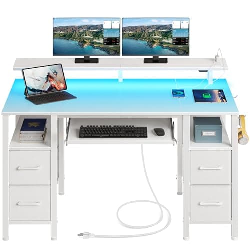 Seventable Computer Desk 47.2" with LED Lights & Power Outlets, Home Office Desk with 4 Drawers, Writing Desk with Keyboard Tray, Study Desk with...