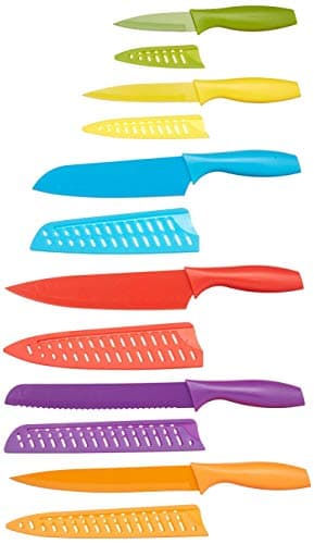 Amazon Basics Ensemble de 12 couteaux de cuisine à code couleur, 6 couteaux avec 6 protège-lames